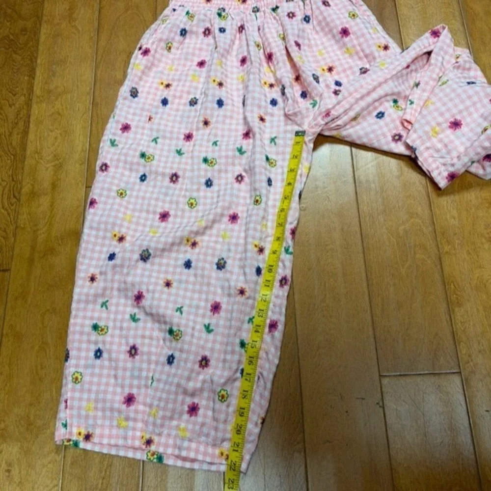 Womens Pink Gingham Floral Embroidered Wide Leg Pajama Pants *M Cottagecore Boho